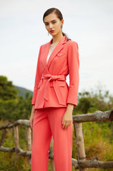 Peach V-Neck Belt Wide Leg Pantsuits - FashionByTeresa